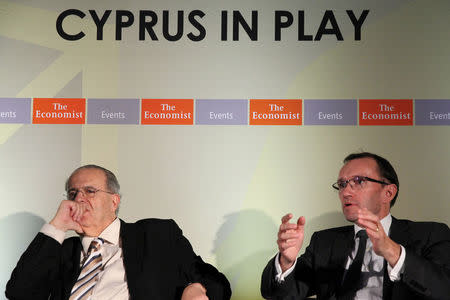 UN envoy Espen Barth Eide (R) and Cypriot Foreign Minister Ioannis Kasoulides attend a conference in Nicosia, Cyprus November 1, 2016. REUTERS/Yiannis Kourtoglou