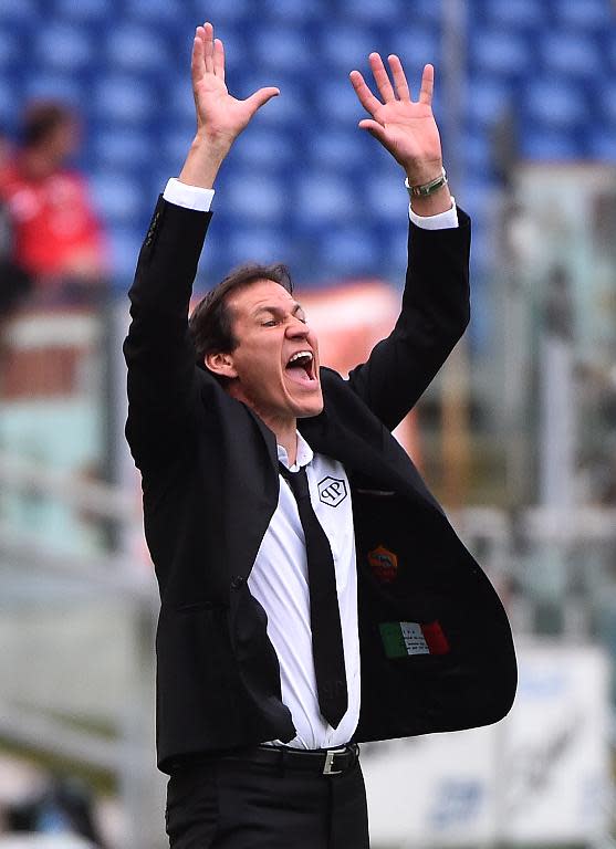 Roma's coach Rudi Garcia reacts during the Italian Serie A football match between AS Roma and Atalanta on April 19, 2015