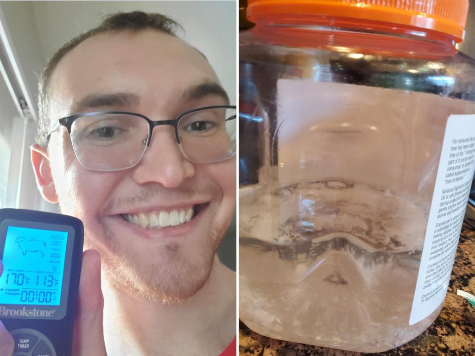 Selfie with a thermometer on the left and melted coconut oil on the right