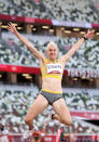 <p>Carolin Schafer of Team Germany competes in the Women's Heptathlon Long Jump on day thirteen of the Tokyo 2020 Olympic Games at Olympic Stadium on August 05, 2021 in Tokyo, Japan. (Photo by Cameron Spencer/Getty Images)</p> 