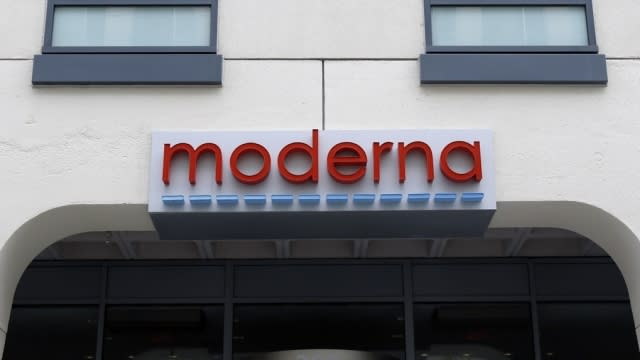 A sign marks an entrance to a Moderna building in Cambridge, Mass.