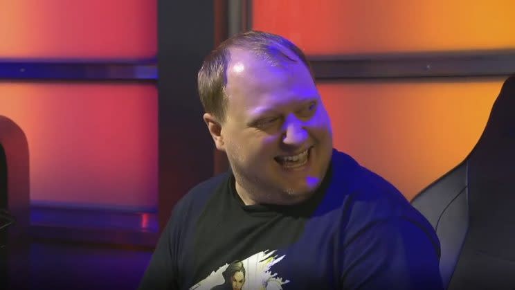 Kyle 'KyleP' Palsson hamming it up with the commentators at Red Bull Proving Grounds finals