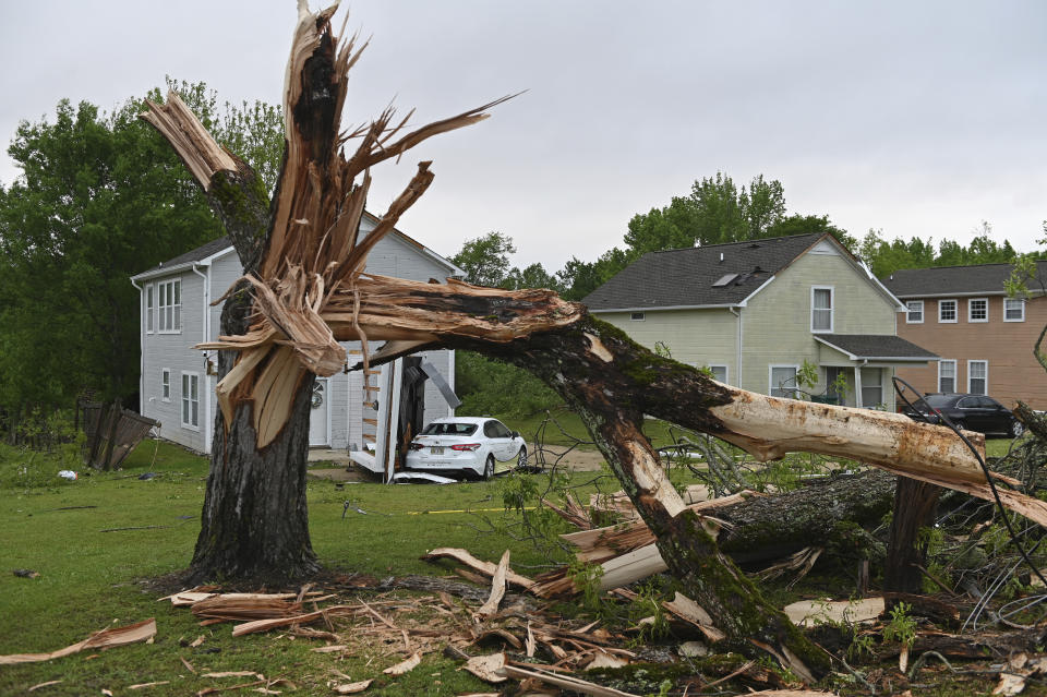 A downed tree and damaged homes are seen along Elvis Presley Drive in Tupelo, Miss., Monday, May 3, 2021. Multiple tornadoes were reported across Mississippi on Sunday, causing some damage but no immediate word of injuries. (AP Photo/Thomas Graning)