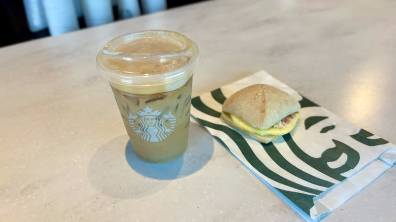 sandwich and iced espresso