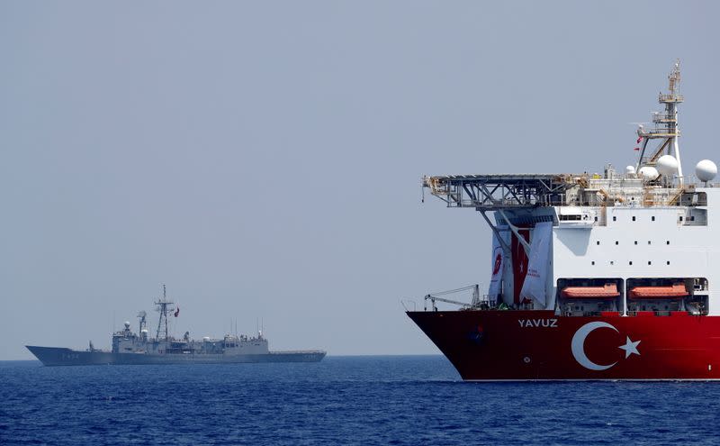 FILE PHOTO: The Turkish drilling vessel Yavuz is seen being escorted by a Turkish Navy frigate in the eastern Mediterranean off Cyprus