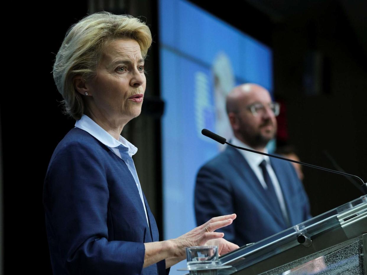 European Commission President Ursula Von Der Leyen and European Council President Charles Michel give a press conference following a video conferenced EU summit to discuss the measures to tackle the spread of the Covid-19 pandemic: Getty