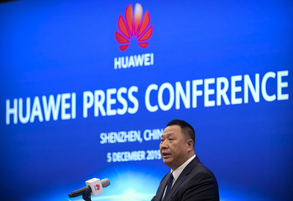 Song Liuping, chief legal officer of Huawei, speaks during a press conference at Huawei's campus in Shenzhen in southern China's Guandong Province, Thursday, Dec. 5, 2019. Chinese tech giant Huawei is asking a U.S. federal court to throw out a rule that bars rural phone carriers from using government money to purchase its equipment on security grounds. (AP Photo/Mark Schiefelbein)