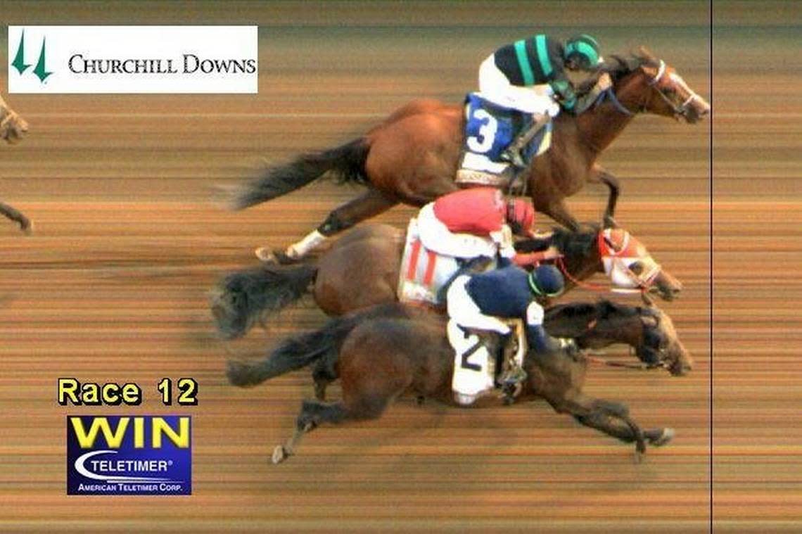 This is the official photo finish from Saturday’s 150th Kentucky Derby, with Mystik Dan (3) first, Sierra Leone (2) second and Forever Young (11) third.