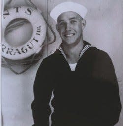 Tom Palmer in uniform at 19 years old while undergoing boot camp after being drafted into World War II.