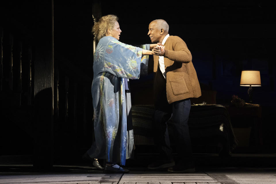 This image released by Boneau/Bryan-Brown shows Maryann Plunkett, left, and Dorian Harewood during a performance of "The Notebook." (Julieta Cervantes/Boneau/Bryan-Brown via AP)