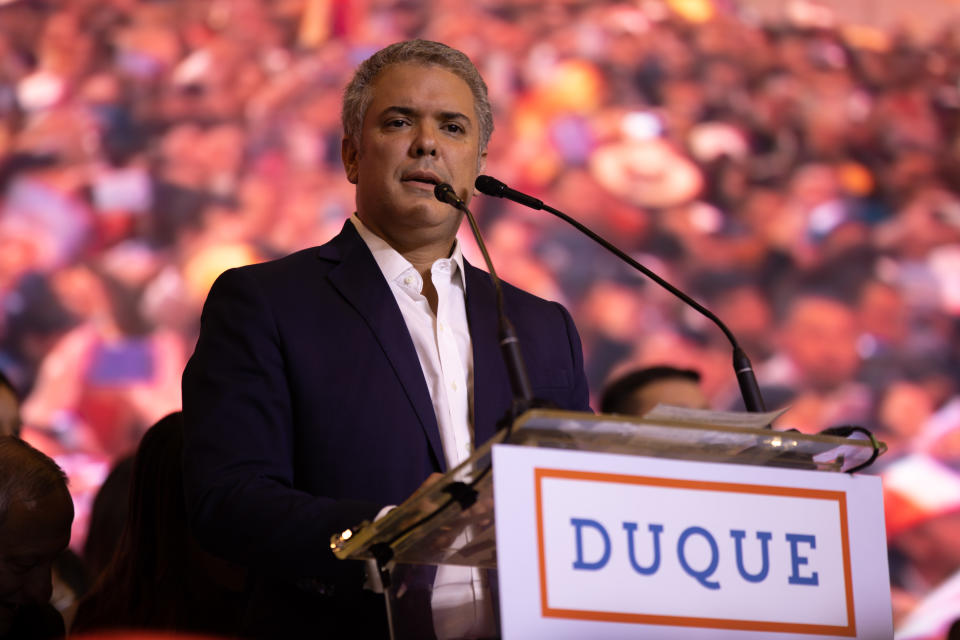 Ivan Duque, Colombia's president-elect, speaks during an election event at the party's headquarters in Bogota, Colombia, on Sunday, June 17, 2018.