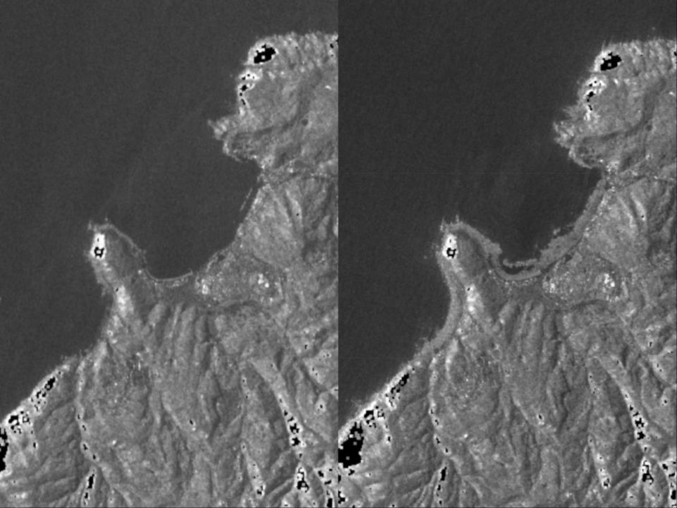 two satellite images of the same coastline before and after new coast land rose out of the ocean