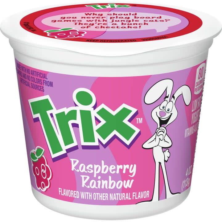 Plastic container of Trix Raspberry Rainbow Yogurt