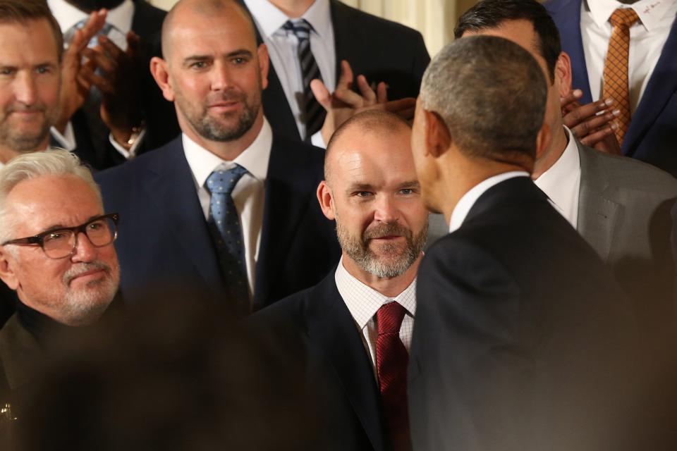 David Ross shakes President Obama hands during a visit to the White House in January.