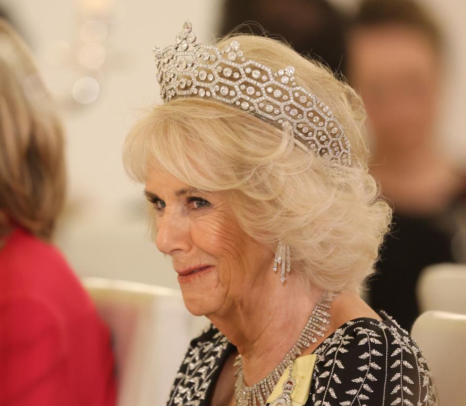 The Queen Consort wearing the Queen Mother's Greville Tiara 