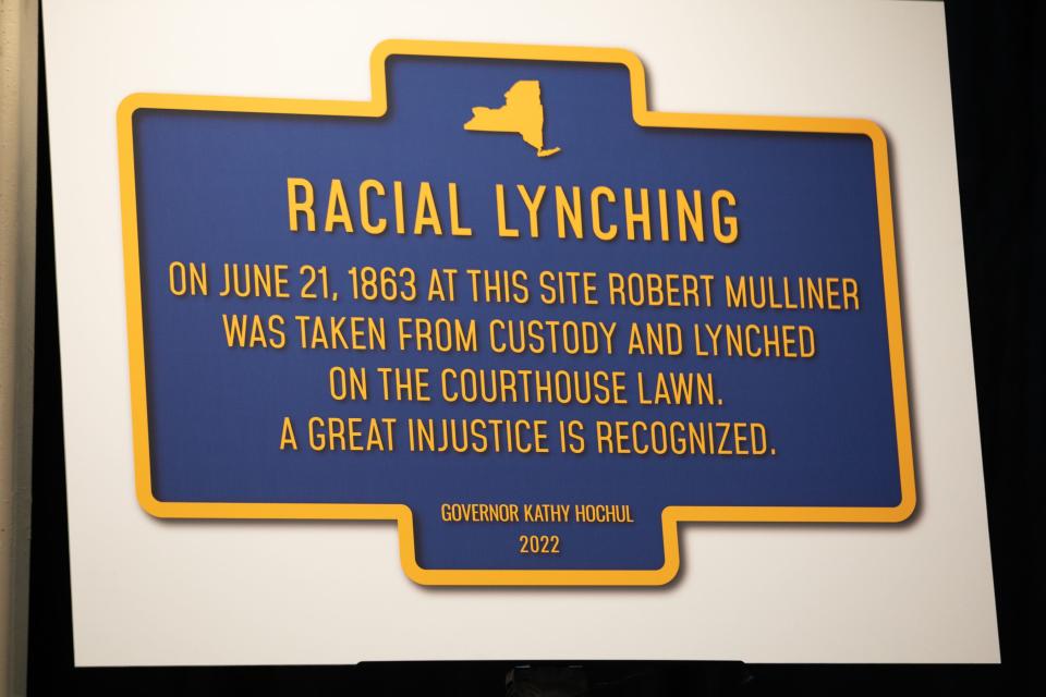 A mock-up of the historical markers New York state will be putting up memorializing Robert Mulliner, shown during a news conference in Newburgh, NY, on Wednesday, Feb. 23, 2022.