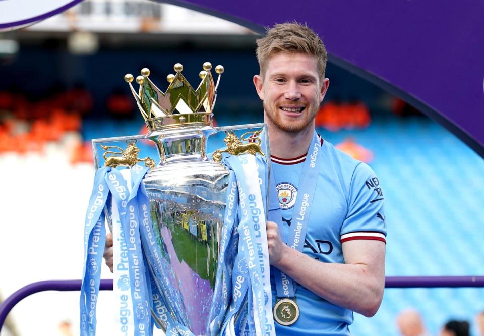 De Bruyne will won a sixth Premier League title if Man City defeat West Ham this weekend.  (PA)