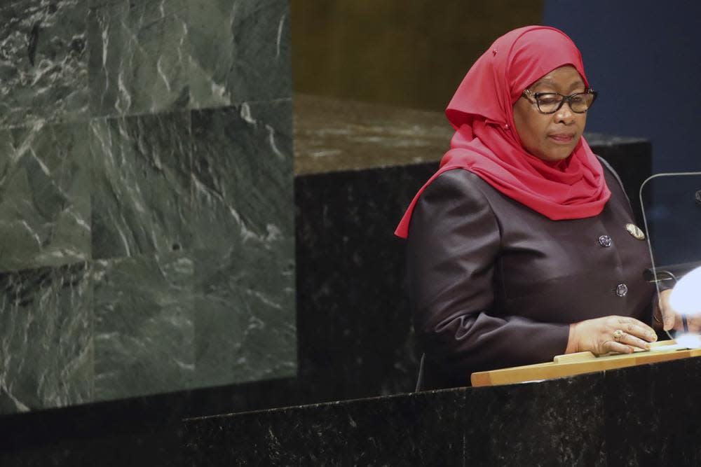 The President of Tanzania, Samia Suluhu Hassan addresses the 76th Session of the U.N. General Assembly at United Nations headquarters in New York, on Thursday, Sept. 23, 2021. (Spencer Platt/Pool Photo via AP)