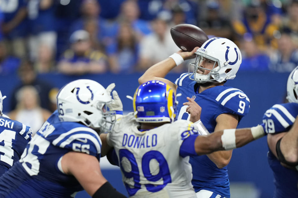 Indianapolis Colts quarterback Jacob Eason (9) throws during the second half of an NFL football game against the Los Angeles Rams, Sunday, Sept. 19, 2021, in Indianapolis. (AP Photo/AJ Mast)