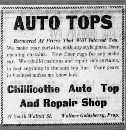 A clipping from the Gazette that shows an ad for Auto Tops from a business dwned by Wallace Goldsberry.