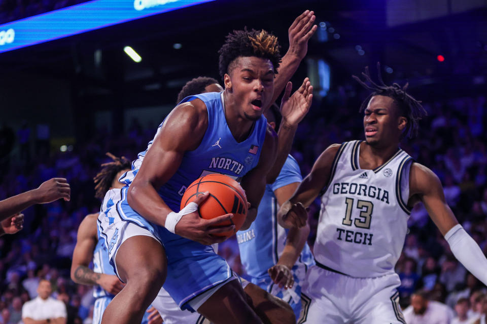 Jan 30, 2024; Atlanta, Georgia, USA; North Carolina Tar Heels forward Harrison Ingram (55) grabs a rebound against the Georgia Tech Yellow Jackets in the second half at McCamish Pavilion. Mandatory Credit: Brett Davis-USA TODAY Sports