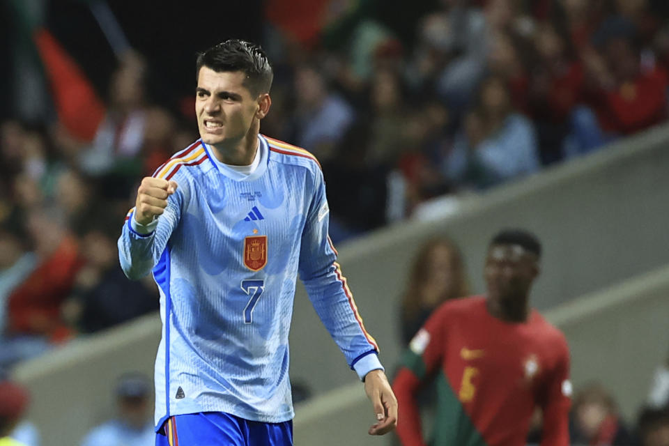 FILE - Spain's Alvaro Morata celebrates after scoring his side's first goal during the UEFA Nations League soccer match between Portugal and Spain at the Municipal Stadium in Braga, Portugal, Tuesday, Sept. 27, 2022. (AP Photo/Luis Vieira, File)