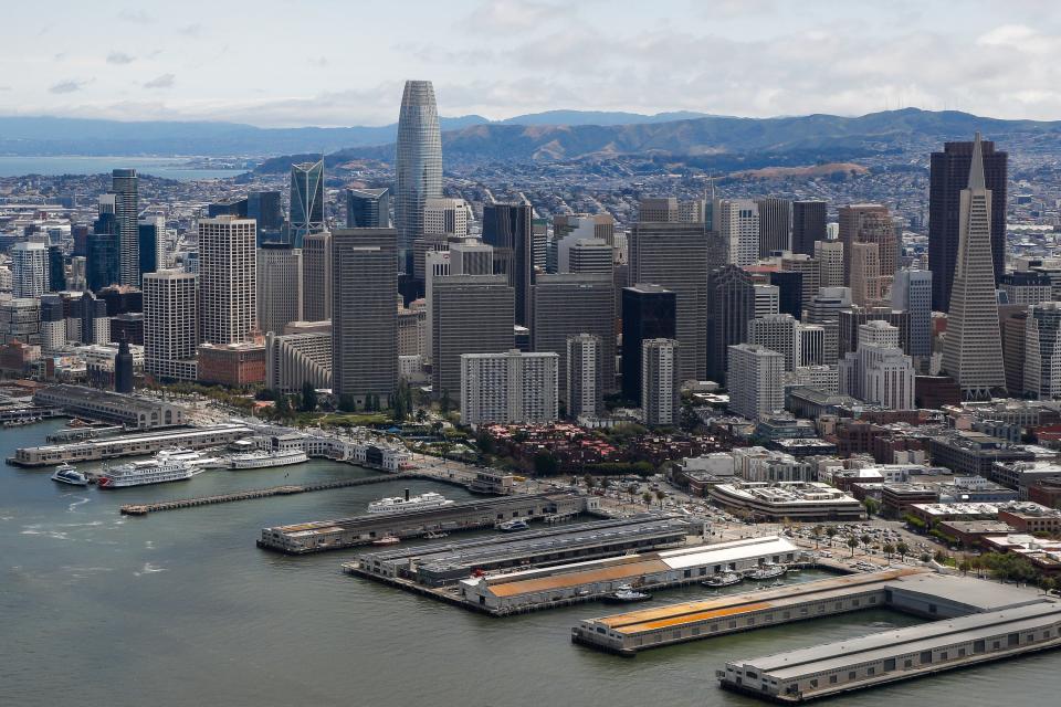 An aerial view of the San Francisco skyline on May 30, 2023 in San Francisco, California.