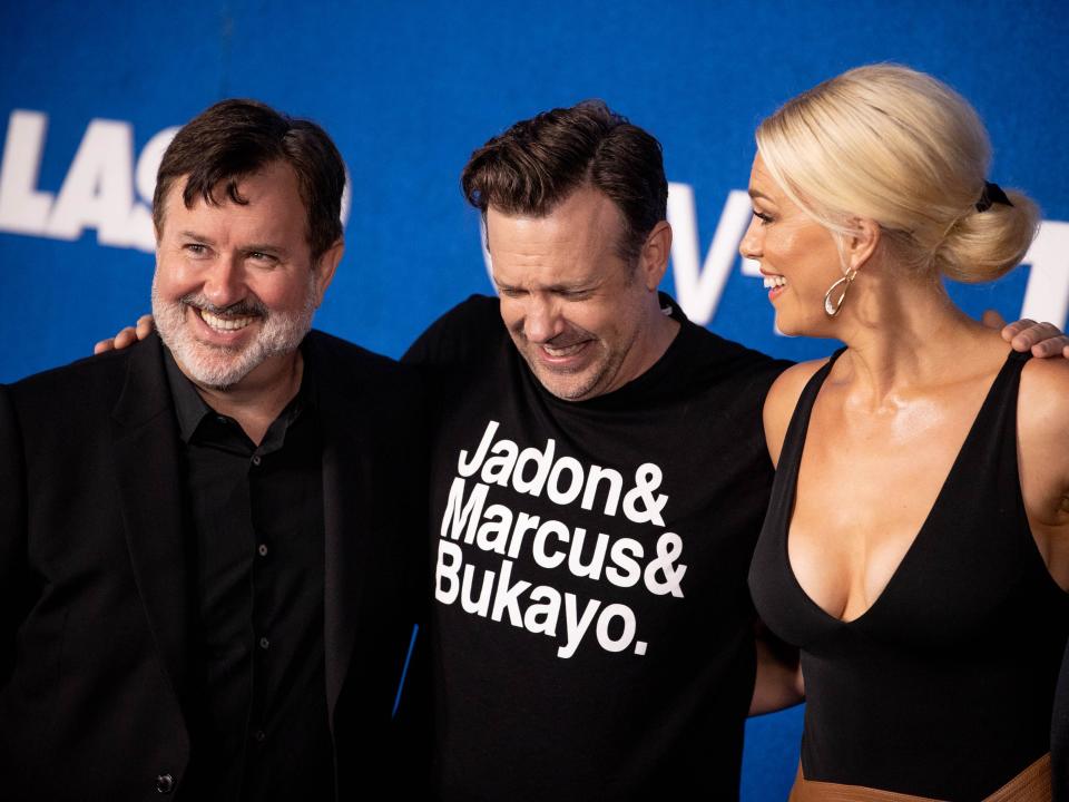 Jeremy Swift, Jason Sudeikis and Hannah Waddingham attend Apple's "Ted Lasso" season two premiere at Pacific Design Center on July 15, 2021 in West Hollywood, California.