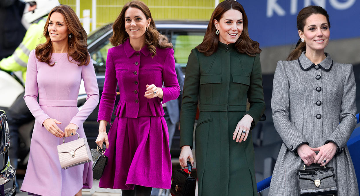 The Duchess of Cambridge has previously worn Aspinal of London's Midi Mayfair Bag - and it's now on sale.  (Getty/ Yahoo Style UK)