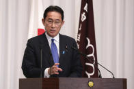 Japan’s former Foreign Minister Fumio Kishida attends a press conference at the headquarters of the Liberal Democratic Party after he was elected as party president in Tokyo Wednesday, Sept. 29, 2021. Kishida won the governing party leadership election on Wednesday and is set to become the next prime minister, facing the imminent task of addressing a pandemic-hit economy and ensuring a strong alliance with Washington to counter growing regional security risks. (Du Xiaoyi/Pool Photo via AP)