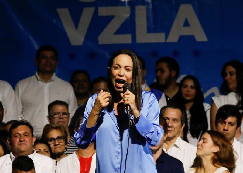 Maria Corina Machado addresses the audience, in Caracas