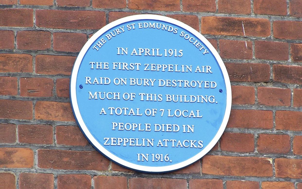 One of the blue plaques in Bury St Edmunds marks the first Zeppelin air raid in the First World War