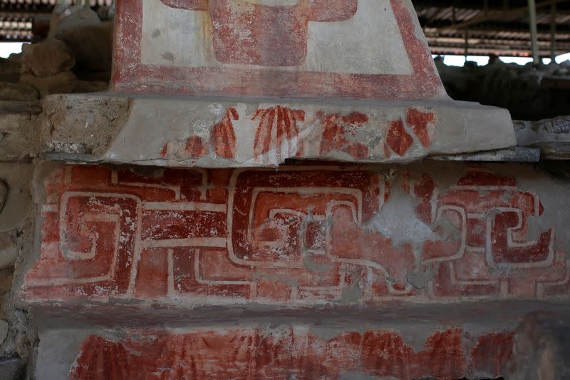 The remains of mural paintings with geometric designs and seashells are seen on the walls of La Ventilla, one of the most extensively-excavated neighborhoods in the ancient ruins of Teotihuacan, in San Juan Teotihuacan