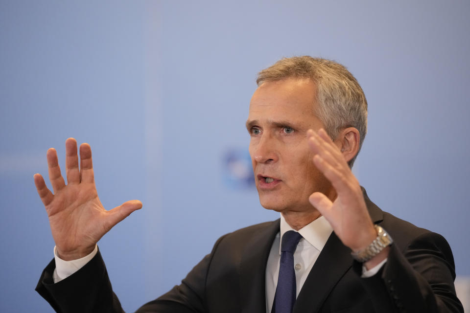 NATO Secretary-General Jens Stoltenberg delivers his speech as he arrives for the first day of the meeting of NATO Ministers of Foreign Affairs in Bucharest, Romania, Tuesday, Nov. 29, 2022. (AP Photo/Andreea Alexandru)