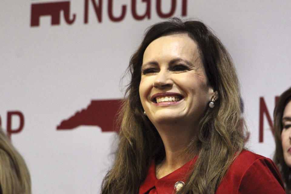 FILE - North Carolina state Rep. Tricia Cotham announces she is switching her party affiliation to the Republican Party at a news conference Wednesday, April 5, 2023, at the North Carolina Republican Party headquarters in Raleigh, N.C. An historically high number supermajorities in state legislatures has pushed laws further to the edge on abortion, climate and transgender issues. Twenty-eight states have legislatures with majorities so large they could override a gubernatorial veto without any help of the opposing party. (AP Photo/Hannah Schoenbaum, File)