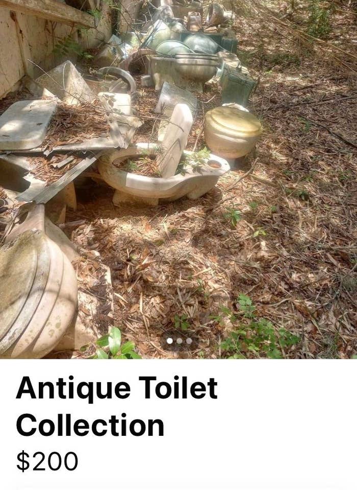 Assorted old toilets displayed outdoors for sale, labeled as "Antique Toilet Collection."