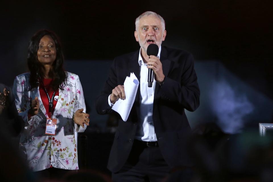 Britain’s opposition Labour party’s leader Jeremy Corbyn delivers a speech at a rally on the eve of Labour Conference in Brighton on September 23, 2017 (DANIEL LEAL-OLIVAS/AFP/Getty Images)