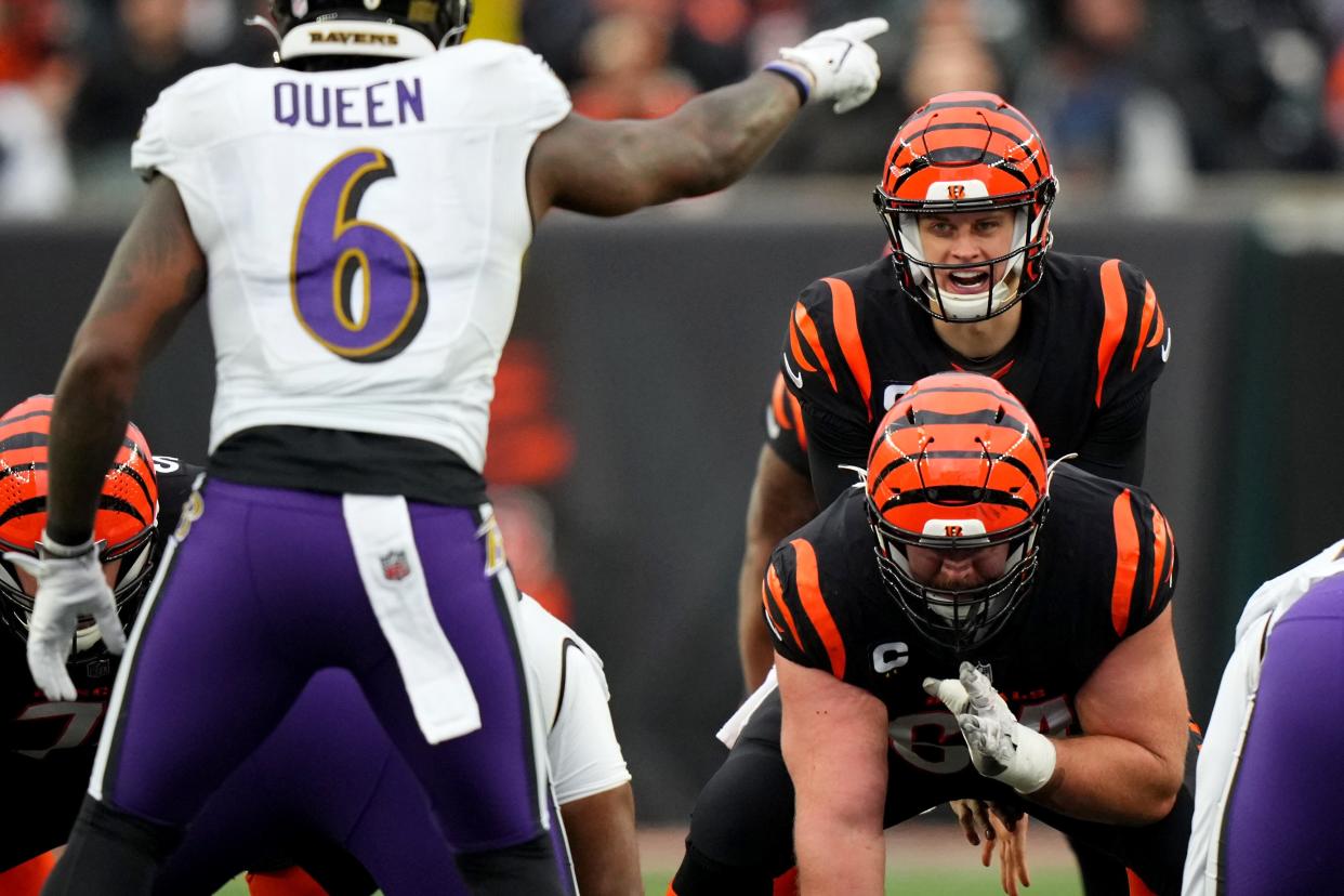 Jan 8, 2023; Cincinnati, Ohio, USA; Cincinnati Bengals quarterback Joe Burrow (9) calls a play at the line of scrimmage during the fourth quarter of a Week 18 NFL game against the Baltimore Ravens at Paycor Stadium in Cincinnati. The Cincinnati Bengals won, 27-16. Mandatory Credit: Kareem Elgazzar-The Cincinnati Enquirer-USA TODAY Sports