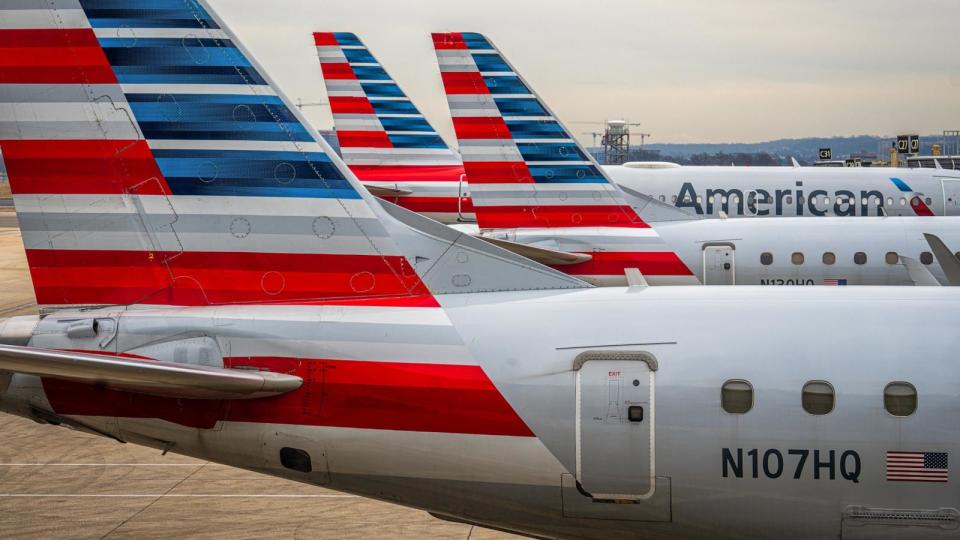 PHOTO: American Airlines passenger jets are lined up on the gates at Washingtons Reagan National Airport, Feb. 10, 2024, in Arlington, Va.  (J. David Ake/Getty Images)