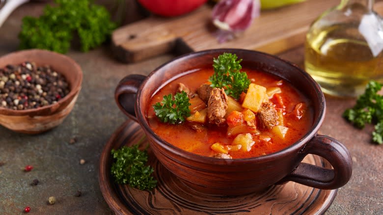 Hungarian gulyás in rustic bowl