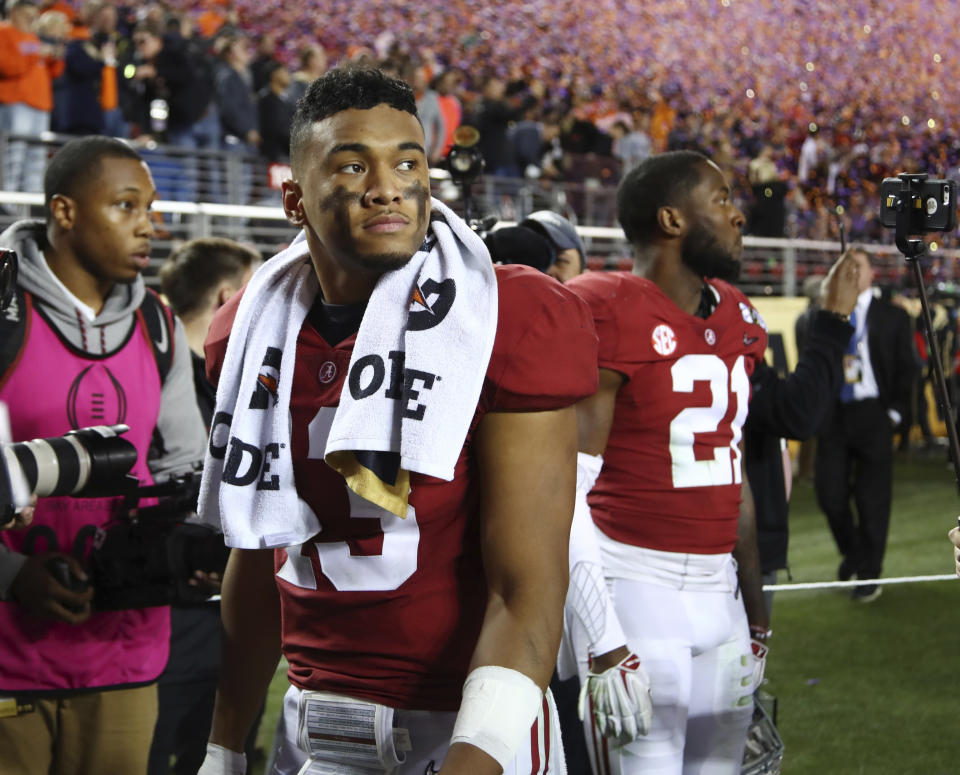 Alabama's Tua Tagovailoa reacts after the NCAA college football playoff championship game against Clemson, Monday, Jan. 7, 2019, in Santa Clara, Calif. Clemson beat Alabama 44-16. (AP Photo/Ben Margot)