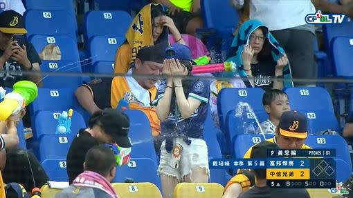 富邦悍將女球迷遭報復性水槍攻擊。（圖／翻攝自中華職棒CPBL YouTube）