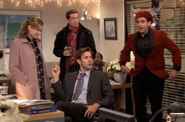 "The Office" Christmas episode "Classy Christmas" starring Jenna Fischer as Pam, Ed Helms as Andy, John Krasinski as Jim, Leslie David Baker as Stanley and Steve Carell as Michael Scott<p>NBC</p>