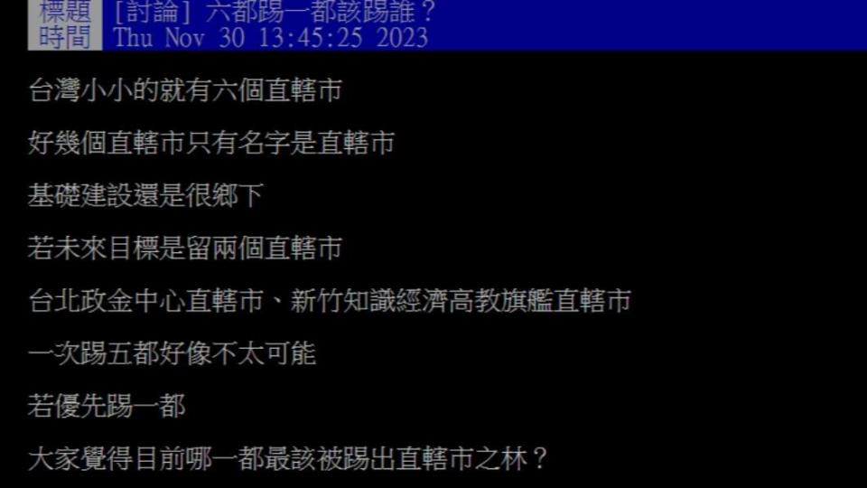 原PO發文詢問「六都踢一都該踢誰？」（圖／翻攝自PTT）