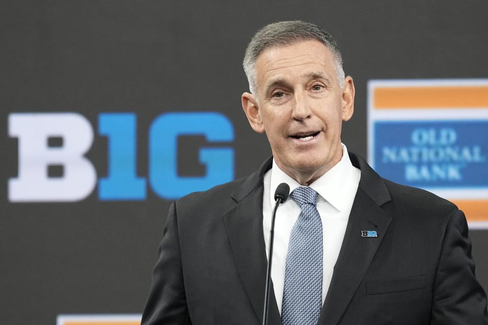 Big Ten Conference Commissioner Tony Petitti speaks during an NCAA college football news conference at the Big Ten Conference media days at Lucas Oil Stadium, Wednesday, July 26, 2023, in Indianapolis. (AP Photo/Darron Cummings)