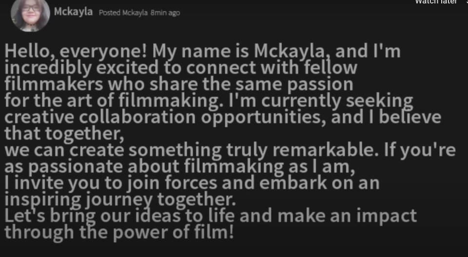 McKayla's forum post introducing herself online
