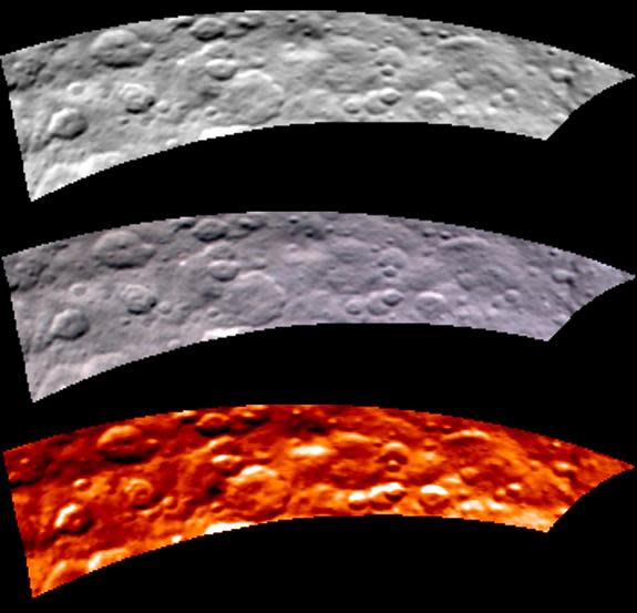 The same portion of the dwarf planet Ceres' northern hemisphere appears three times, first in black and white (top), then true-color (middle) and finally in infrared to show temperature. Dawn captured these observations of Ceres on May 16, 2015