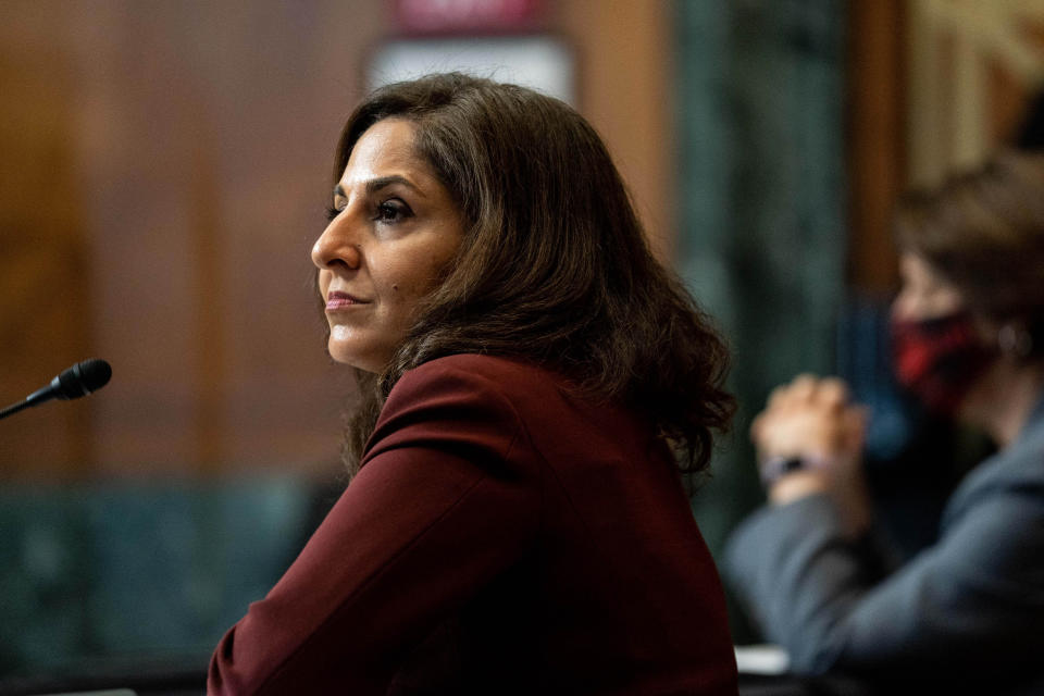 Neera Tanden, nominee for director of the Office of Management and Budget, testifies during a Senate committee hearing on Feb. 10. (Photo: ANNA MONEYMAKER/POOL/AFP via Getty Images)