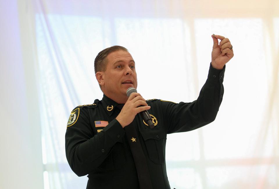 Incumbent Eric Flowers speaks during the 2024 Indian River County Sheriff debate, Monday, June 17, 2024, at the Indian River Charter High School’s auditorium. At least 500 people attended the standing room only political debate. Incumbent Eric Flowers, Fellsmere Police Chief Keith Touchberry, former Deputy Chief Milo Thornton of the sheriff’s office and write-in candidate Deborah Cooney were the candidates involved in the debate.