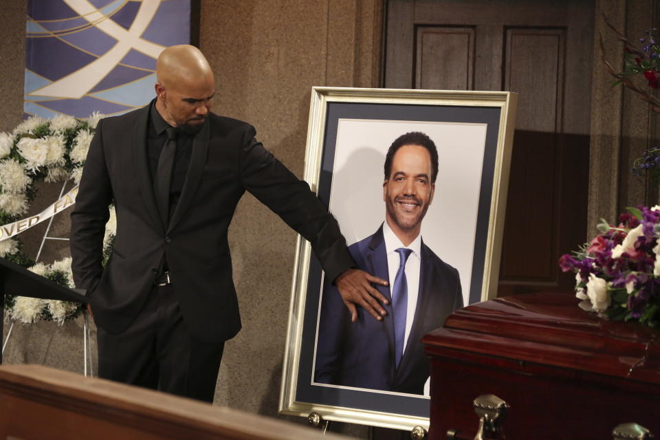 This image released by CBS shows Shemar Moore in a scene from "The Young and the Restless." Moore, who portrays Malcolm Winters, appears at the funeral for his brother Neil, played by the late Kristoff St. John, who died in 2019. (Michael Yarish/CBS via AP)